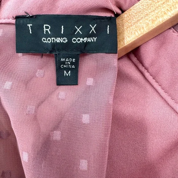 Trixxi Mauve Swiss Dot Tiered Mini Dress High Ruffle Neck Long Sleeve Women's M - Picture 13 of 13